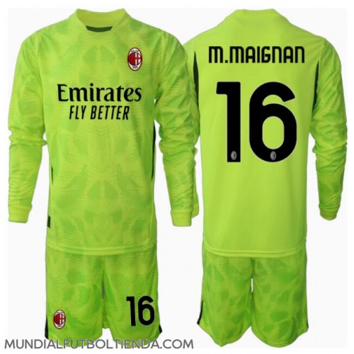 Camiseta AC Milan Mike Maignan #16 Portero Tercera Equipación Replica 2024-25 para niños mangas largas (+ Pantalones cortos)